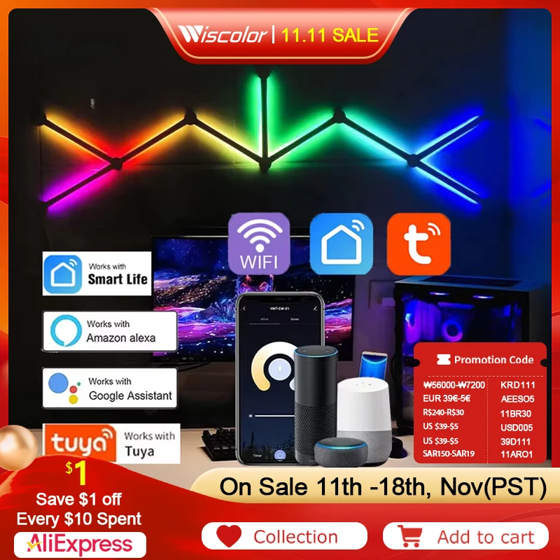 

WIFI LED RGB Smart Wall Lamp with Music Rhythm App DIY Atmosphere Night Light Game Room TV Backlight Decoration Wall Light Bar