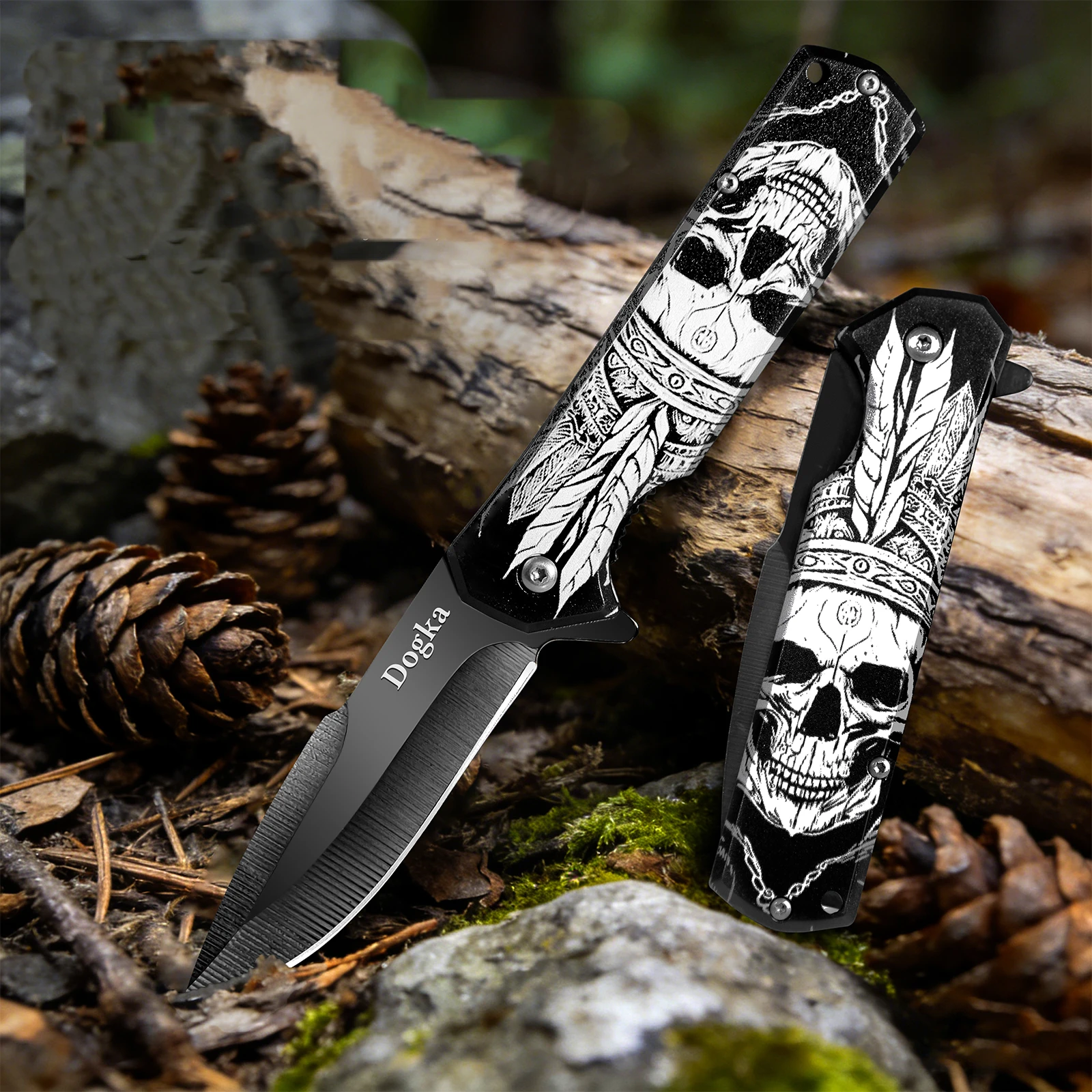 Portable Folding Utility Cutting Tool Stainless Steel Blade Skull Pattern Handle Compact Pocket Tool for Camping Hiking Outdoor Daily Use