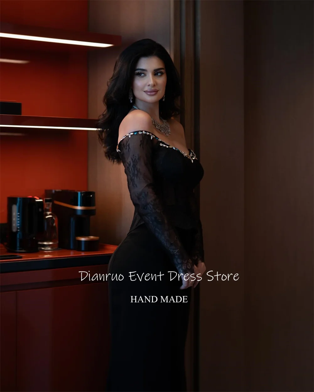 Dianruo Glitter Crystals Mermaid Evening Dress Off Shoulder Formal Vestido Festa Appliques Lace Abiti Da Cerimonia Customized