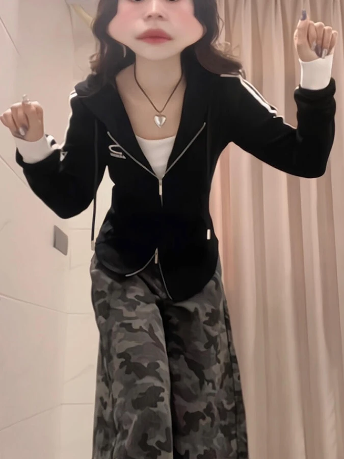 

Slim Fit Hoodie Sweatshirt Women's Black Three Bars American Style Winter Outerwear Casual Organic Cotton Long Sleeve Zipper