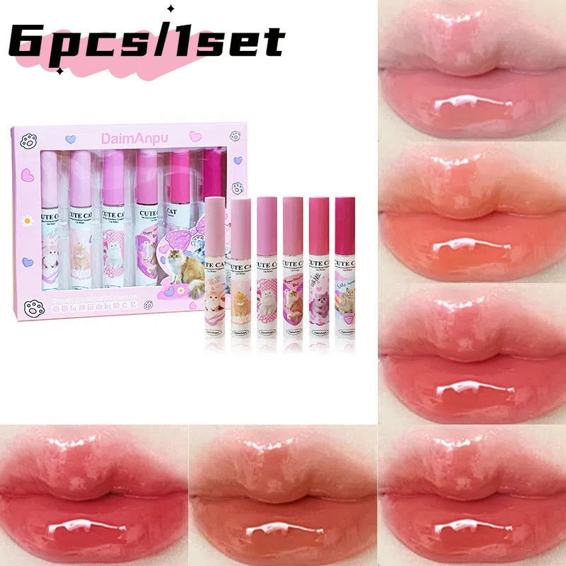 6pcs Cute Mirror Glass Lip Glaze Set Water Light Cat Lipstick Jelly Oil Lip Gloss Korean Lip Tint Watery Makeup Girl Cosmetics