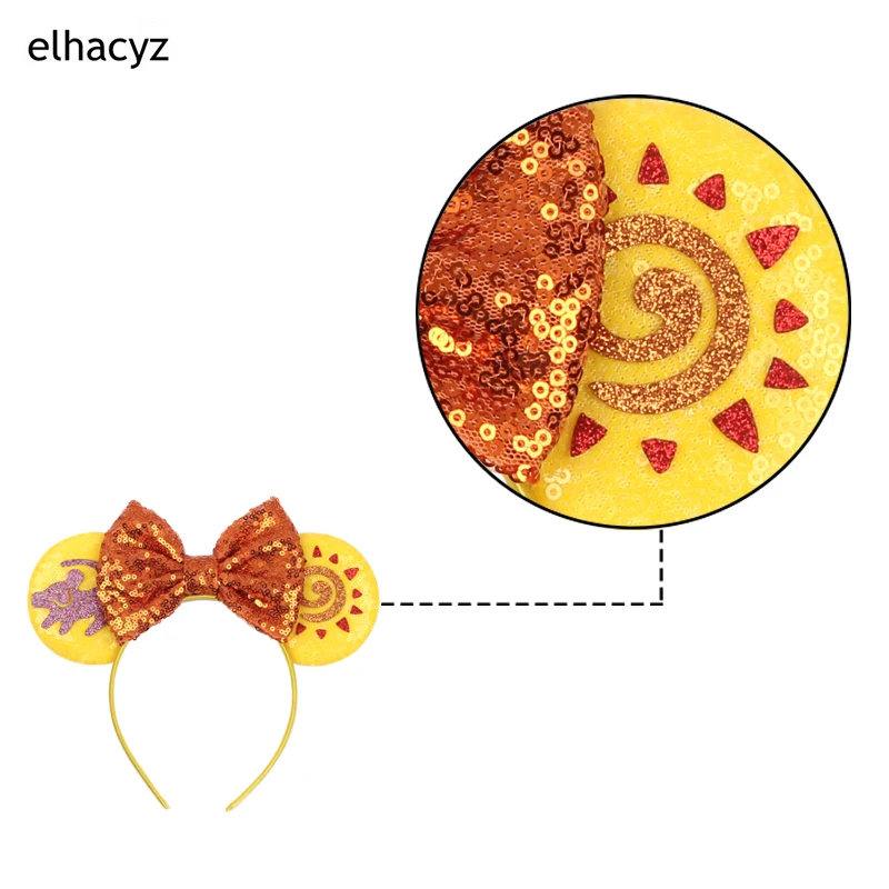 라이온 킹 귀 스팽글 보우 머리띠 여성용 스파클 마우스 귀 헤어 액세서리 생일 파티 코스프레 액세서리