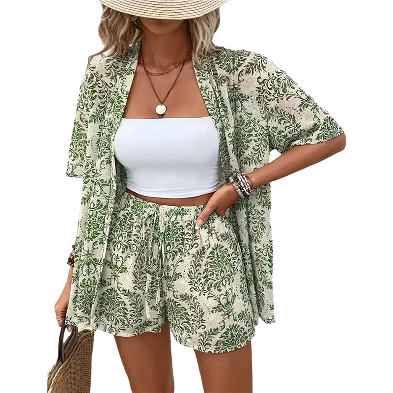 Nouveau-pantalon de plage pour femmes Co Ord ensemble 2 pièces chemise habillée et vêtements de plage courts pour les femmes