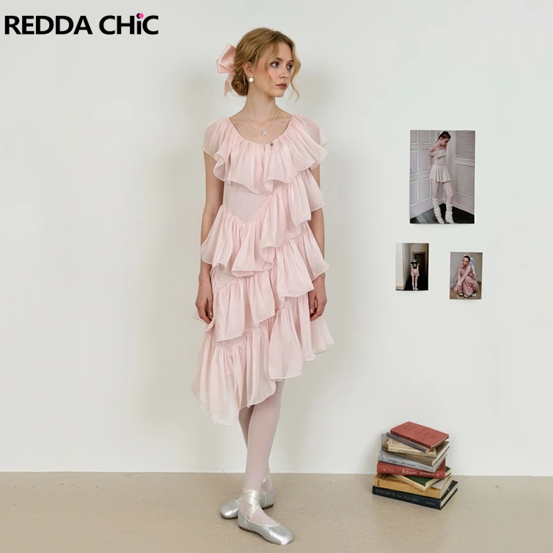 

Розовое платье-миди REDDACHiC для женщин: романтичное летнее платье-комбинация с асимметричными оборками и многослойным дизайном в стиле кокетки