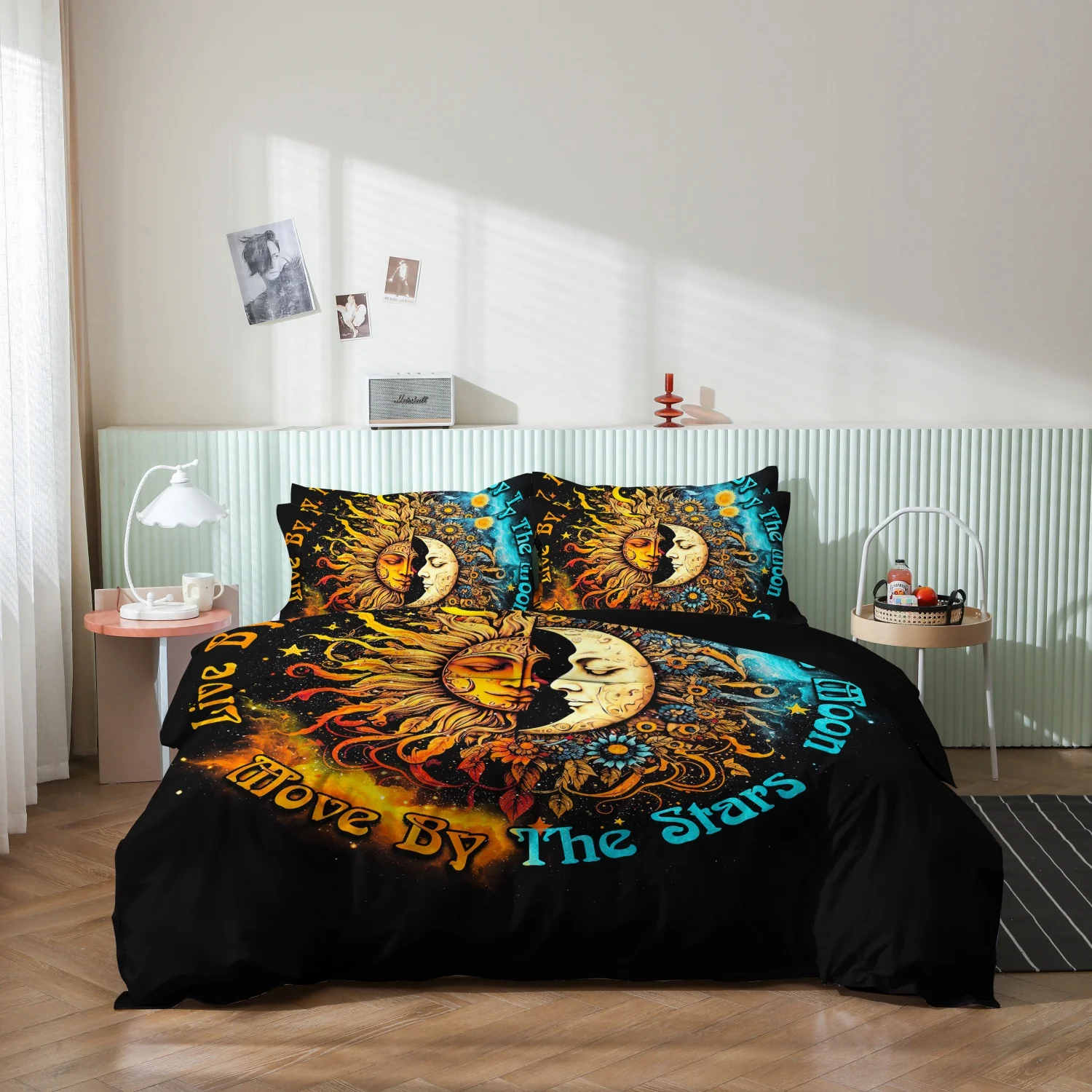 3Pcs Vintage Celestial Sun Moon Print Duvet Cover Set, Black The Stars Floral Sunflower Pattern Bedding,Multiple Sizes Available
