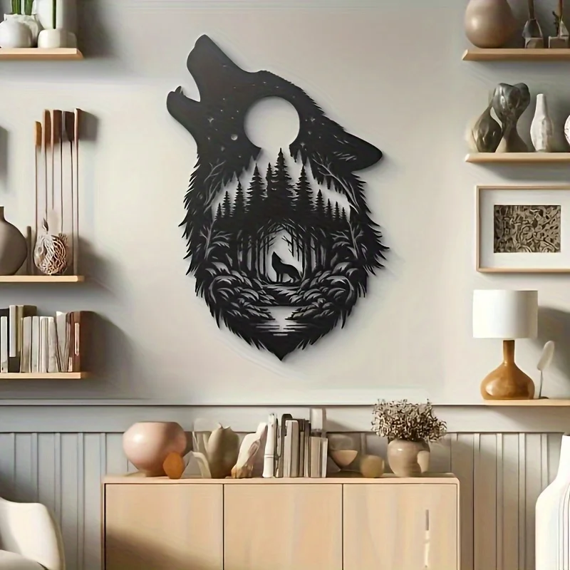 CIFBUY Metal Wall Art Black Wolf Moon Wall Decor Nature Pine Tree Scenery Hand Forged Iron Craft Home Decoration Living Room Gif