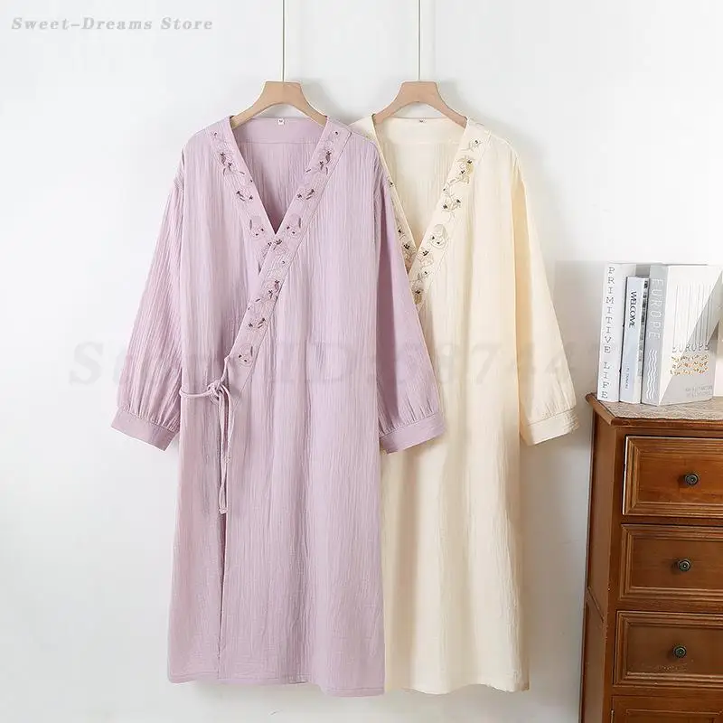 Women Cotton Nightgown Robe Retro Embroidery Kimono Cardigan Gown Sexy V-Neck Bathrobe Negligee Loungewear Soft Loose Homewear