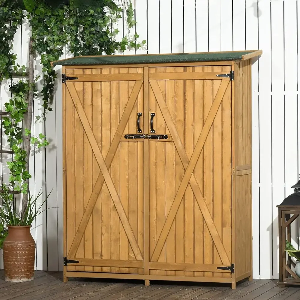 Wooden Outdoor Storage Cabinet with Waterproof Roof, Lockable Door, 3-Tier Shelves for Garden Tools and Lawn Equipment