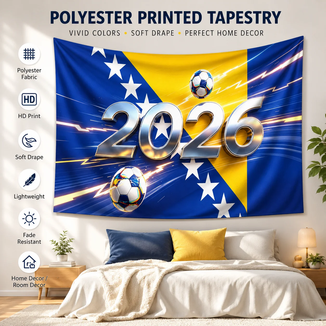 2026 World Soccer Tournament Tapestry Flat Print Bosnia Flag Blue Yellow Wall Hanging Football Championship Party Decor