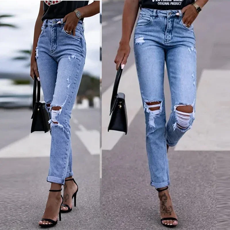 

Women Denim Ankle Length Pants Buttock Lift Jeans Straight Pants Pockets Holes Sheath Solid Color Slight Strech High Street