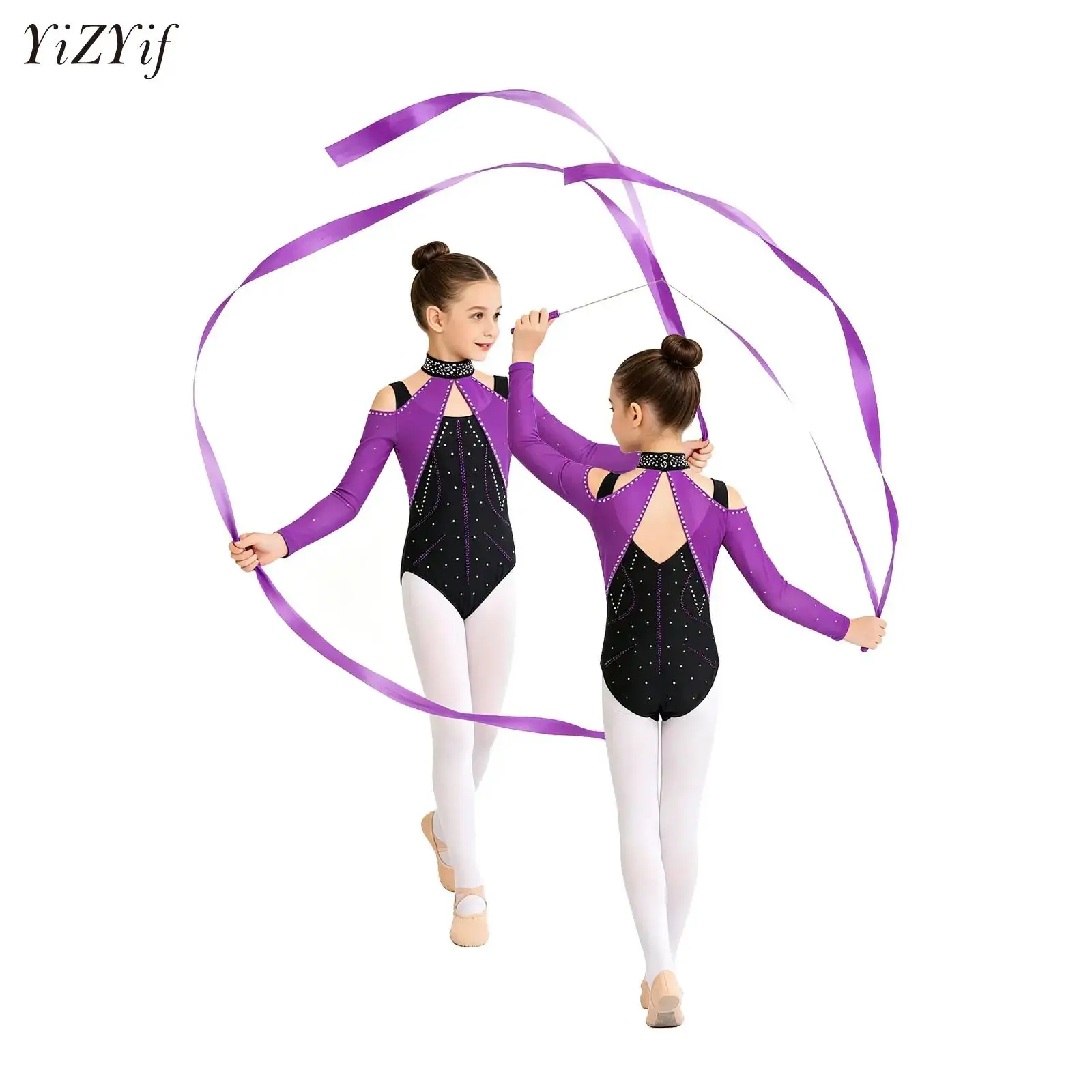 

Girls Sparkly Rhinestones Sports Yoga Workout Bodysuit Rhythmic Gymnastics Leotards Long Sleeve Figure Skating Stage Costumes