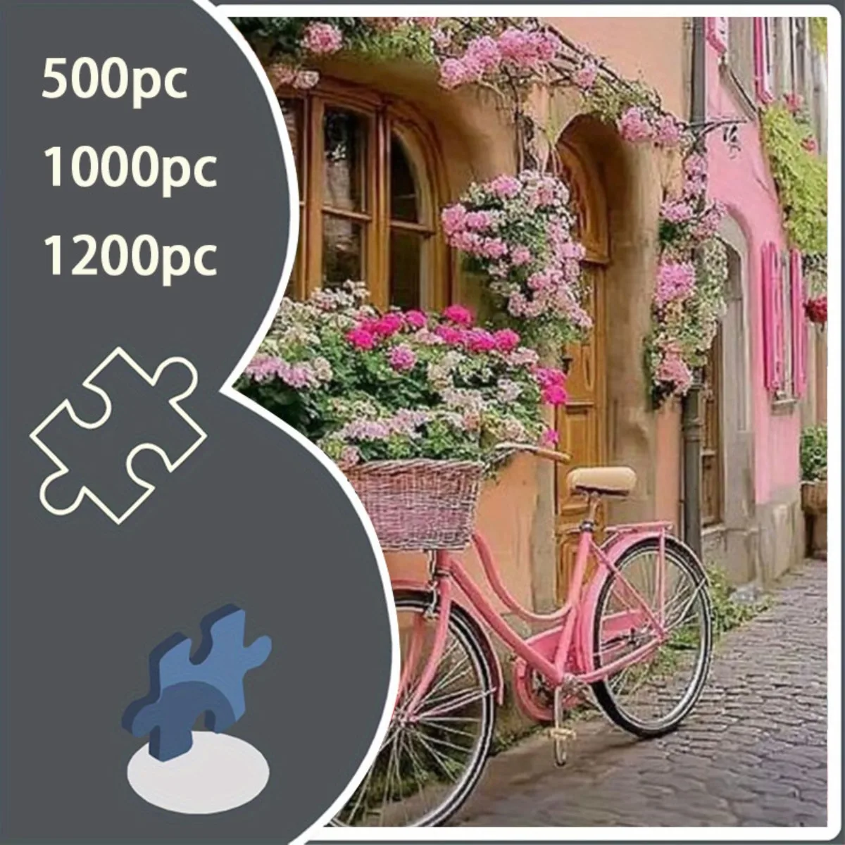 500/1000/1200pcs Extra Large Jigsaw Puzzle - European Village Scene with Pink Bicycle, Floral Houses & Cobblestone Streets - T