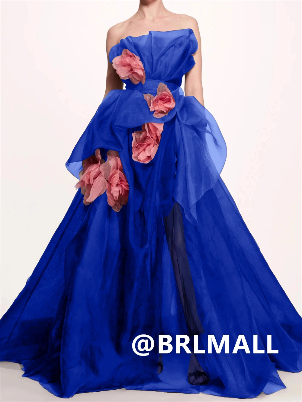 

BRLMALL Organza Long Prom Dress for Women Strapless with Rose Appliques A Line Long Evening Dresses 2025 Zipper Back Party Gown