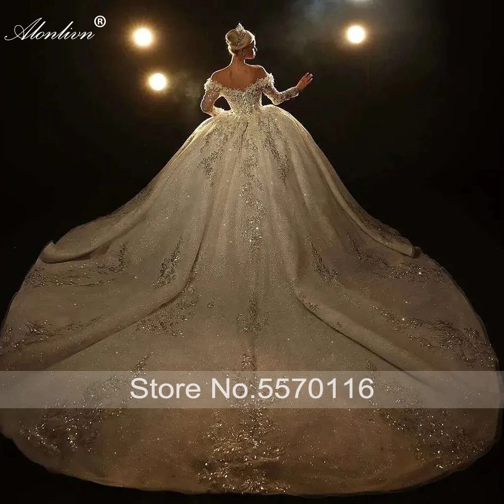 Alonlivn فساتين زفاف فاخرة مطرزة حسب الطلب من الدانتيل اللامع بدون أكتاف وأكمام طويلة فساتين زفاف