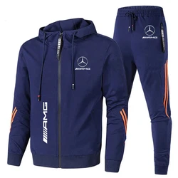 Terno de moletom com capuz Mercedes-Benz masculino, capuz e calça com zíper, 2 conjuntos de peças, corrida, personalizado, equipe de corrida, ternos esportivos