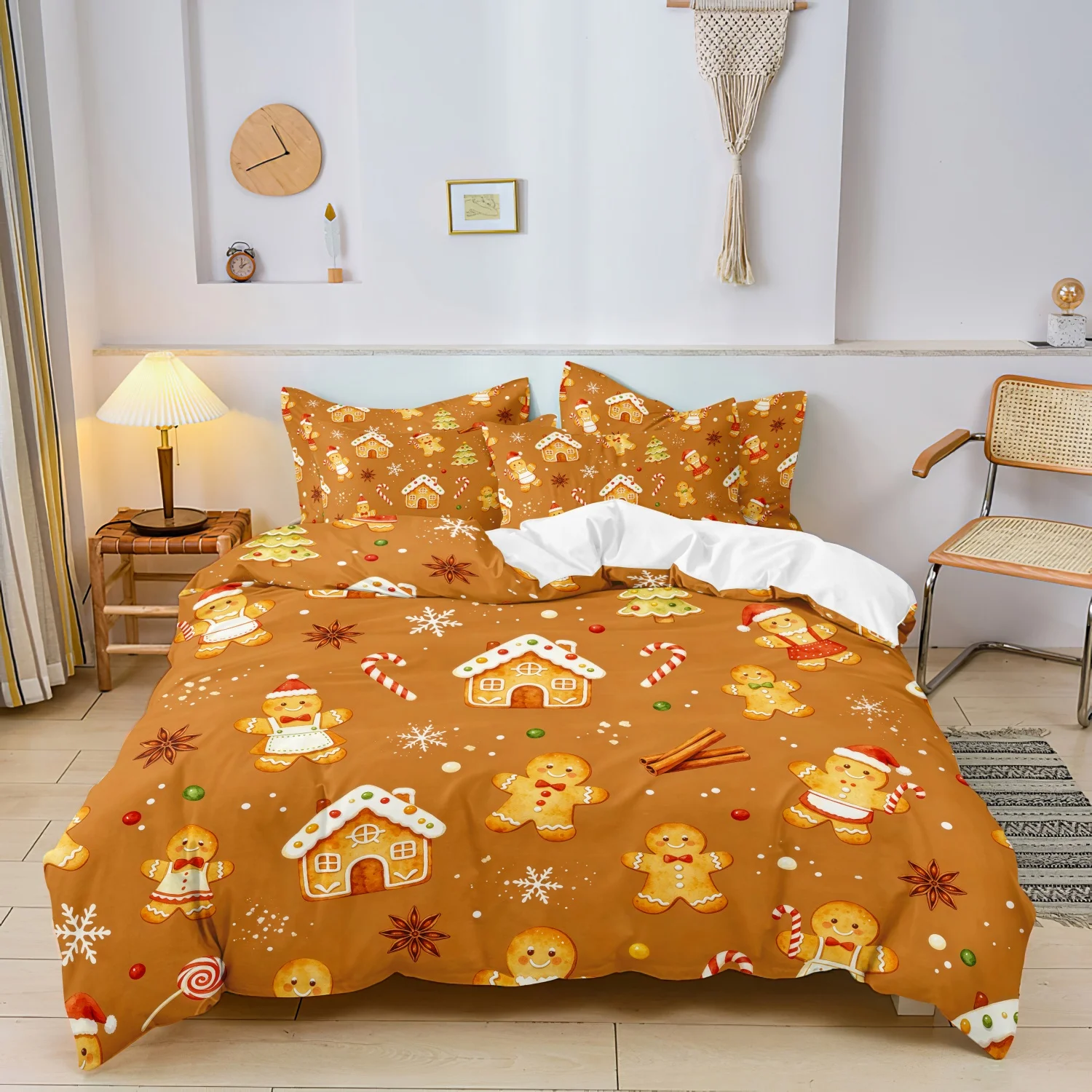  3Pcs Christmas Duvet Cover Set, Gingerbread House Gingerbread Man Candy Cane Print Bedding, Family Bedrooms Dormitories Hotels