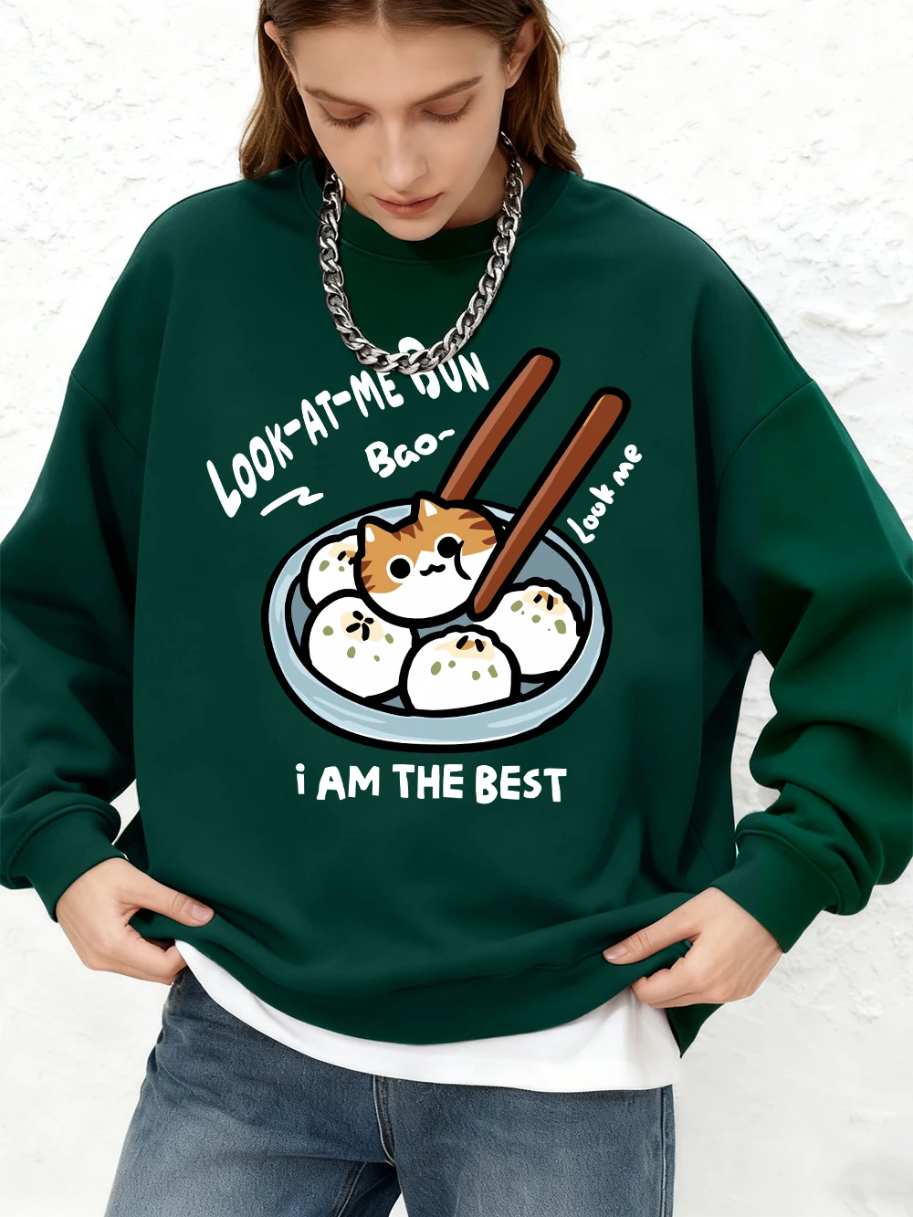Look-at-me bun gato impresso sweatshirts das mulheres outono oversize jogger hoodies básico mangas compridas quentes topos crewneck roupas femininas