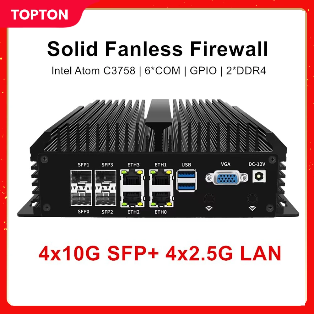 Solid Fanless Firewall Mini PC 4x10G SFP+ 4xi226-V 2.5G LAN Intel Atom C3758 8 Core Home Server Soft Router GPIO 6*COM AES-NI