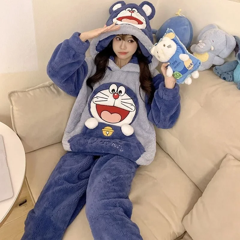 Doraemon autumn and winter pajamas for women cartoon cute thickened plus velvet coral velvet home clothes set gift wholesale