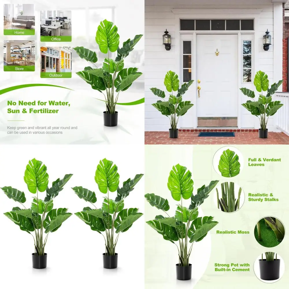 

Монстера Делициоза с 4 уровнями и 15 листьями-черепашками, в цементном пластиковом горшке, высотой 60 см, комнатное растение для декора гостиной, набор из 2 штук