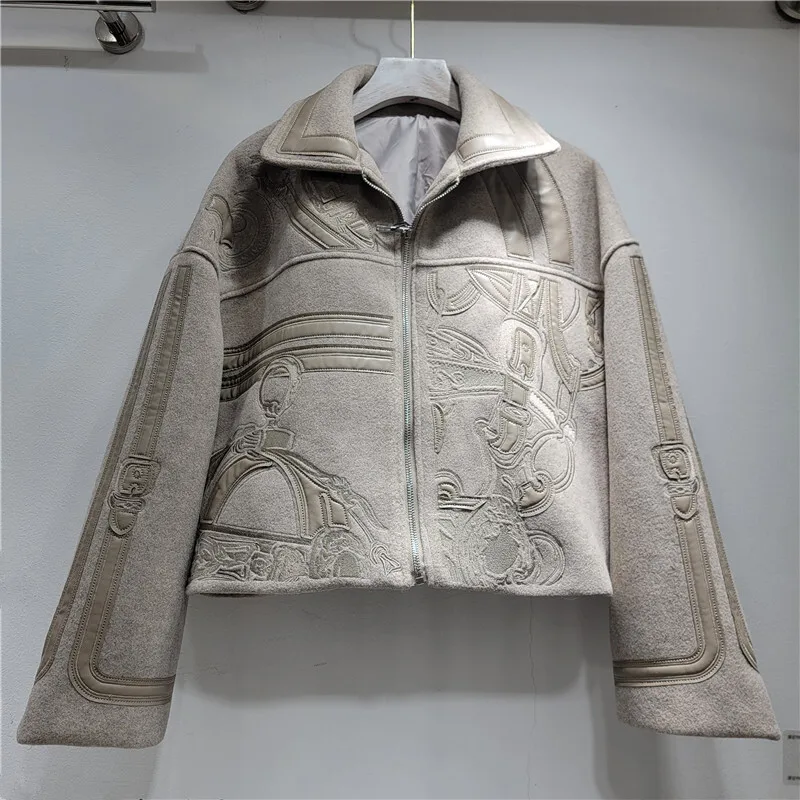 HKSH خريف شتاء جديد إمرأة قصير سترة صوفية الثقيلة التطريز المرقعة التباين اللون سستة الشارع الشهير معطف عصري HK12891 #4