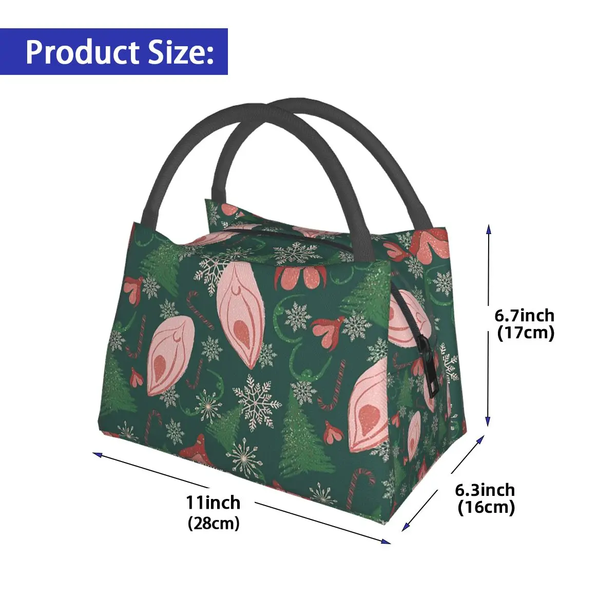 Christmas Vulva Pattern Green Insulated Lunch Bag for Women Picnic Storage Food Boxes Leakproof Cooler Thermal Lunch Box Tote