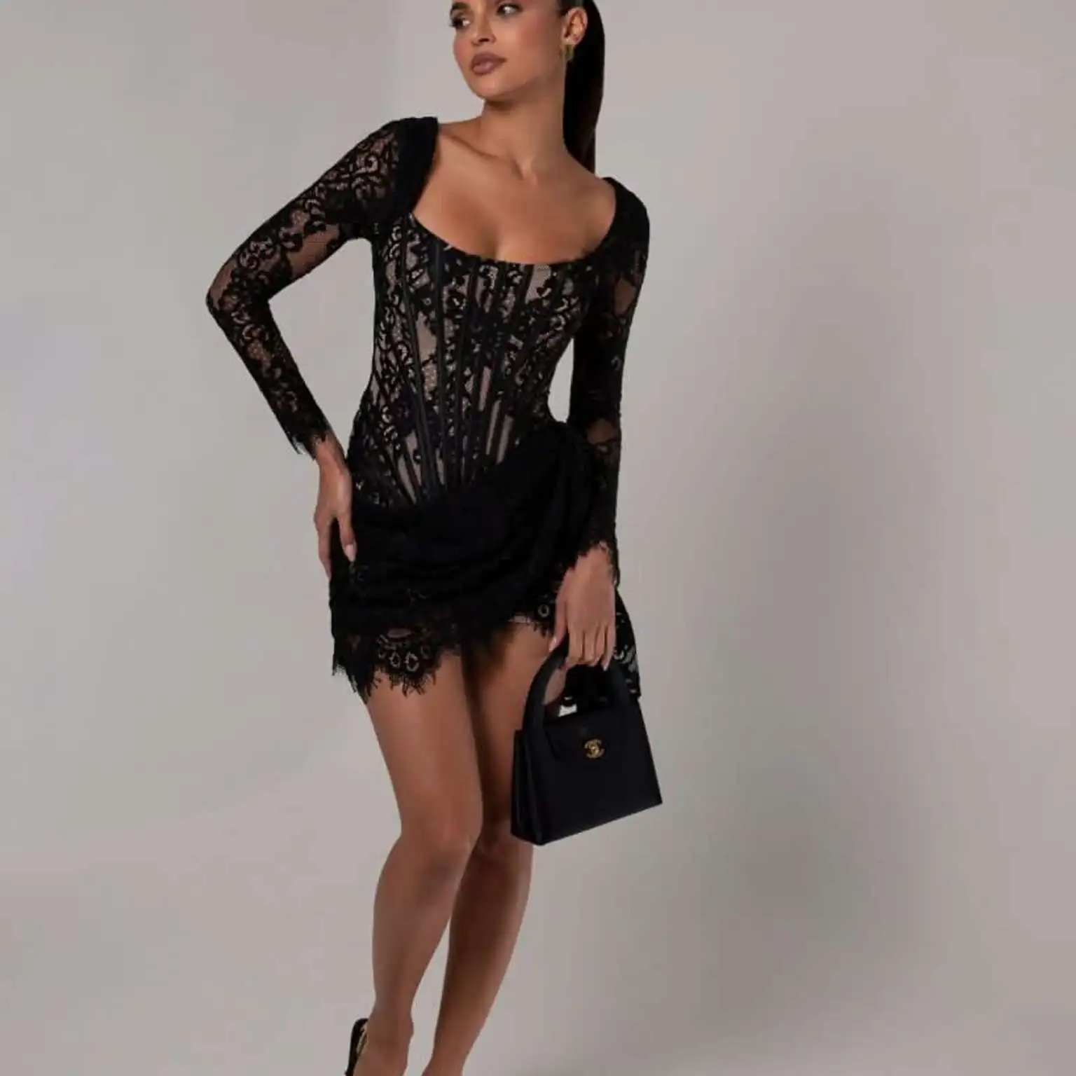 Sladuo-Vintage Mesh Lace Mini Dress Sexy Flare Long Sleeve Evening Party Birthday Club Dresses