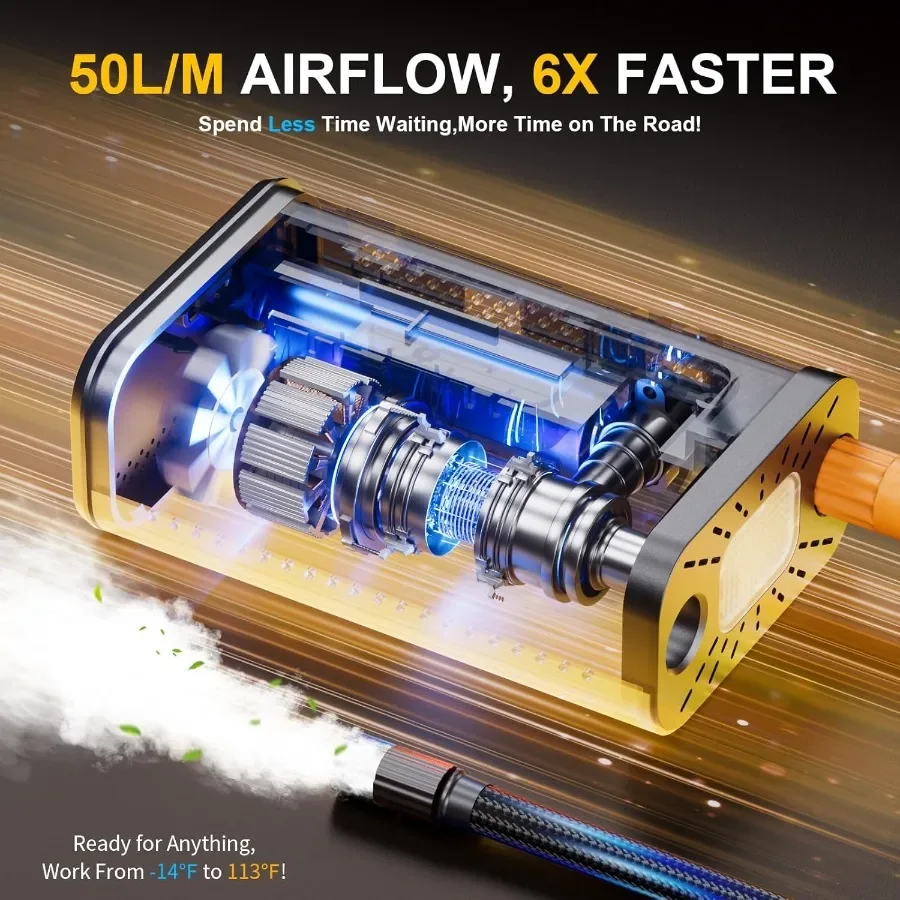 ضاغط هواء محمول لإطارات السيارات 6X منفاخ إطارات لاسلكي أسرع مع مقياس ضغط رقمي يصل إلى 180 رطل لكل بوصة مربعة مثالي للسيارات