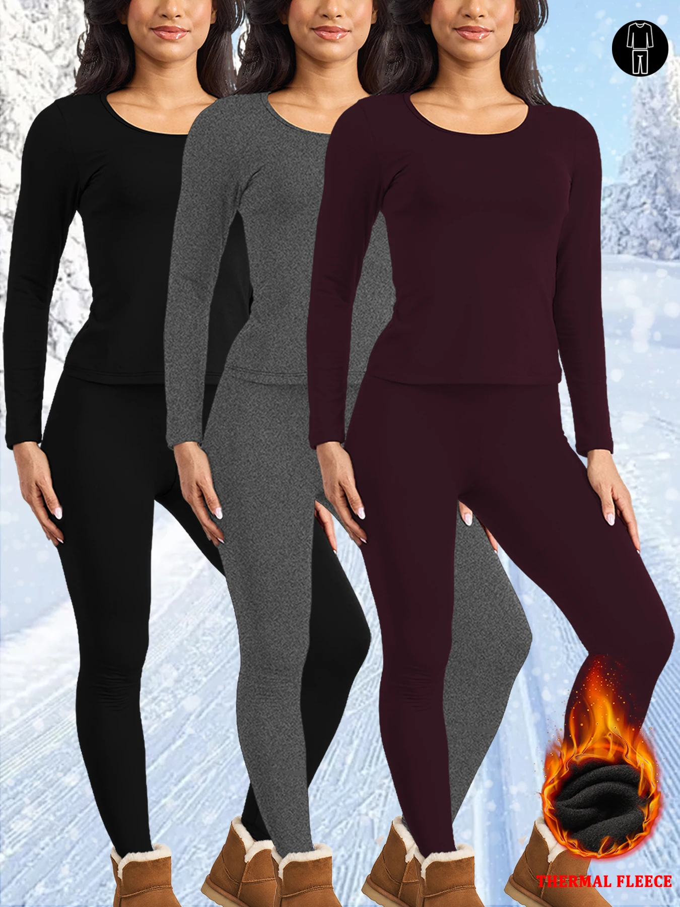 3-pak damskich super miękkich, ocieplanych polarem zestawów termicznych - zimowa bielizna, odzież domowa, zestawy piżam zapewniające komfort w chłodne dni