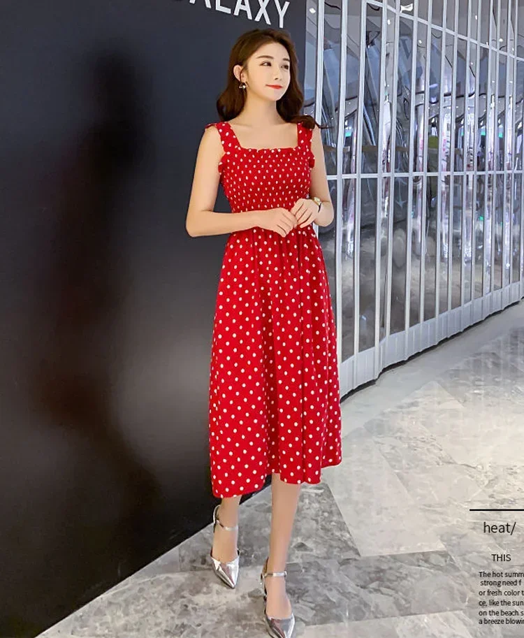 Damen Sommer Polka Dot Chiffon Langes Kleid Elegantes Quadratischer Ausschnitt Ärmelloses Kleid Lässige Damenkleider – Detail 24