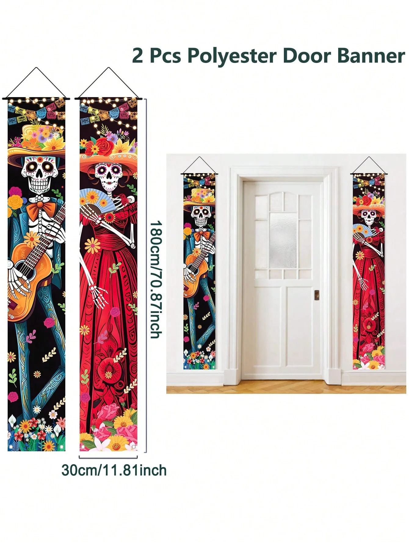 Mexikanisches Fiesta-Todestags-Türbanner-Set mit Zuckerschädel-Paar aus Polyester, Halloween-Veranda-Schild für Innen- und Außenpartys – Detail 1