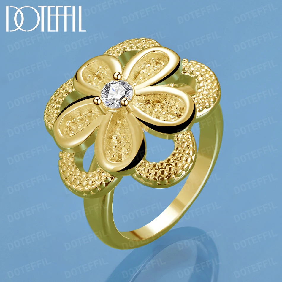 

DOTEFFIL 18K Gold Big Flower AAA Zircon Ring For Women Man Fashion Wedding Engagement Party Charm Jewelry