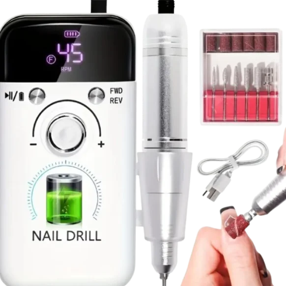 Ensemble de perceuse à ongles électrique, perceuse à ongles Rechargeable Portable, 45000 tr/min, adaptée aux ongles en cristal, ongles en Gel, polissage de manucure