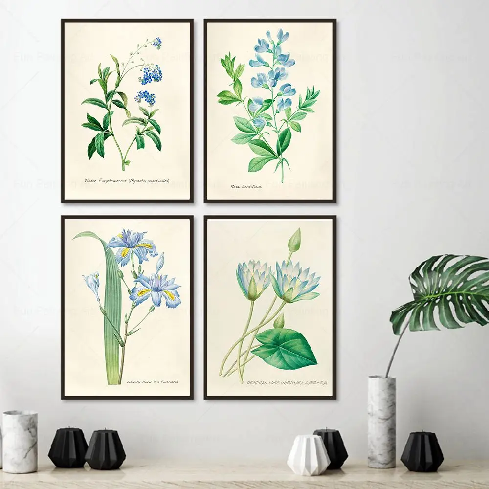 Blue Botanical Flower Wall Art Prints Vintage Myosotis Rosa Iris Lotus Poster Canvas Painting Plant Wall Picture Home Decoration