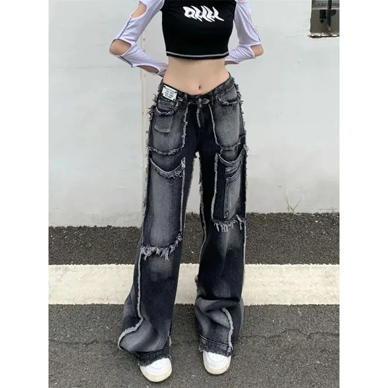 

Ladies Pants Hip-Hop Niche Waist High Street Burrs Old Wide-Leg Jeans Loose Wild Casual Loose Comfortable Button Zipper Pants