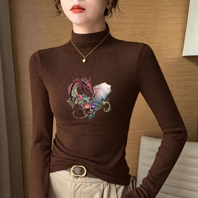 Winter Women's Thermal Brushed Fleece Half Mock Neck Long Sleeve T Shirt Red Dragon Roses Floral Graphic Warm Tee