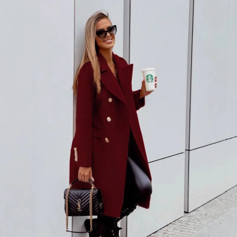 Casual Mid-Length Woolen Coat Double-Breasted Spring 2025 Women's Faion Outerwear High Waist Long Pants Regular Thin