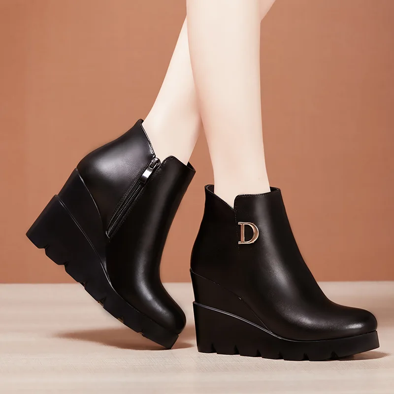 High quality short ankle leather wedge boots for women 9cm high heel platform 2024 autumn winter 39 40 elegant shoe black