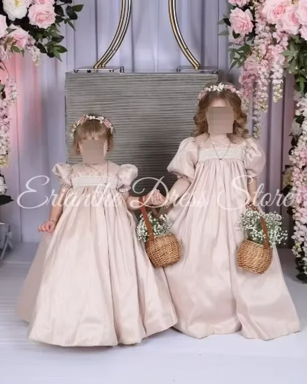 Ivory Satin Bridesmaid Flower Girl Dress For Wedding Lace High Waist Kids Birthday Party First Communion Ball Gowns Customized