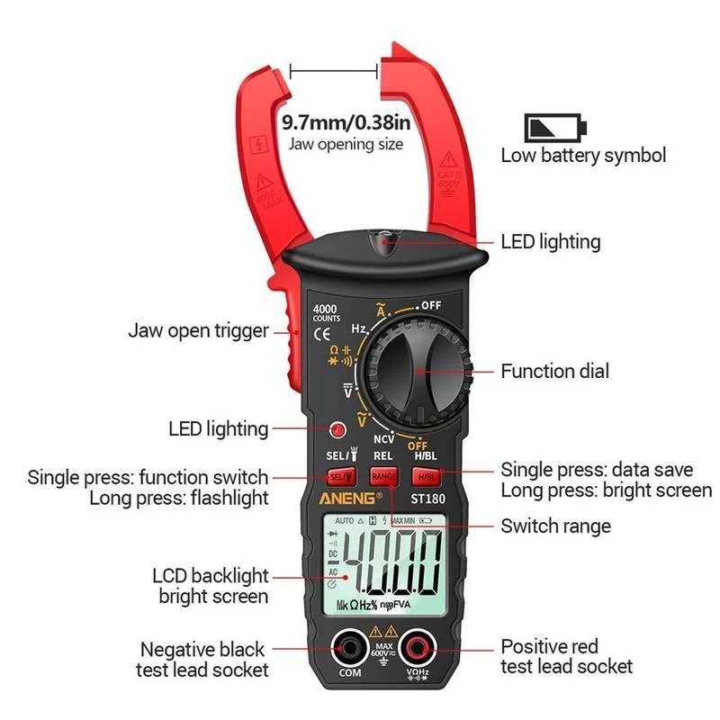 ANENG ST180 4000 Counts Digital Clamp Meter AC Current Multimeter Ammeter Voltage Tester Car Amp Hz Capacitance NCV Ohm Tool