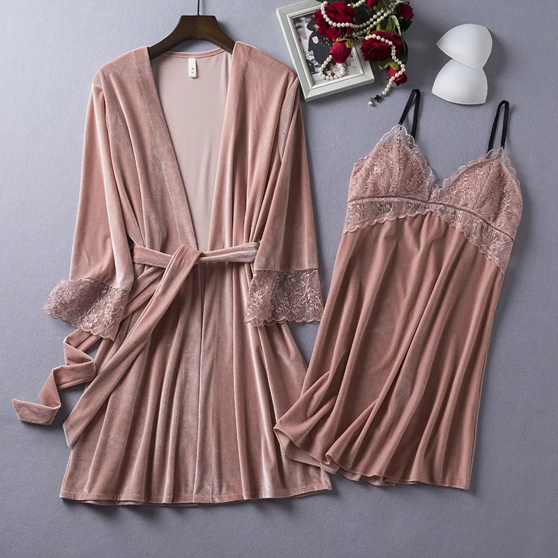 

Sexy Velvet Wedding Nighty&Robe Set Autumn Winter Velour Kimono Bathrobe Suspender Nightgown Suit Casual Women Lace Home Dress