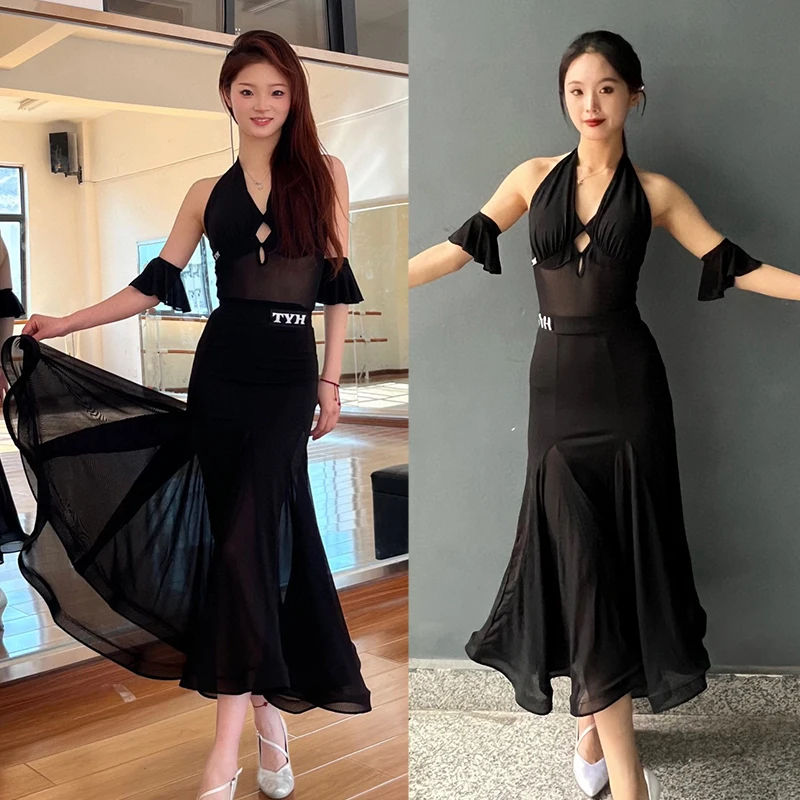 

Women Ballroom Dance Dress Sexy Backless Halter Bodysuit Black Long Skirt Standard Waltz Performance Wear Modern Dance Suit 3517