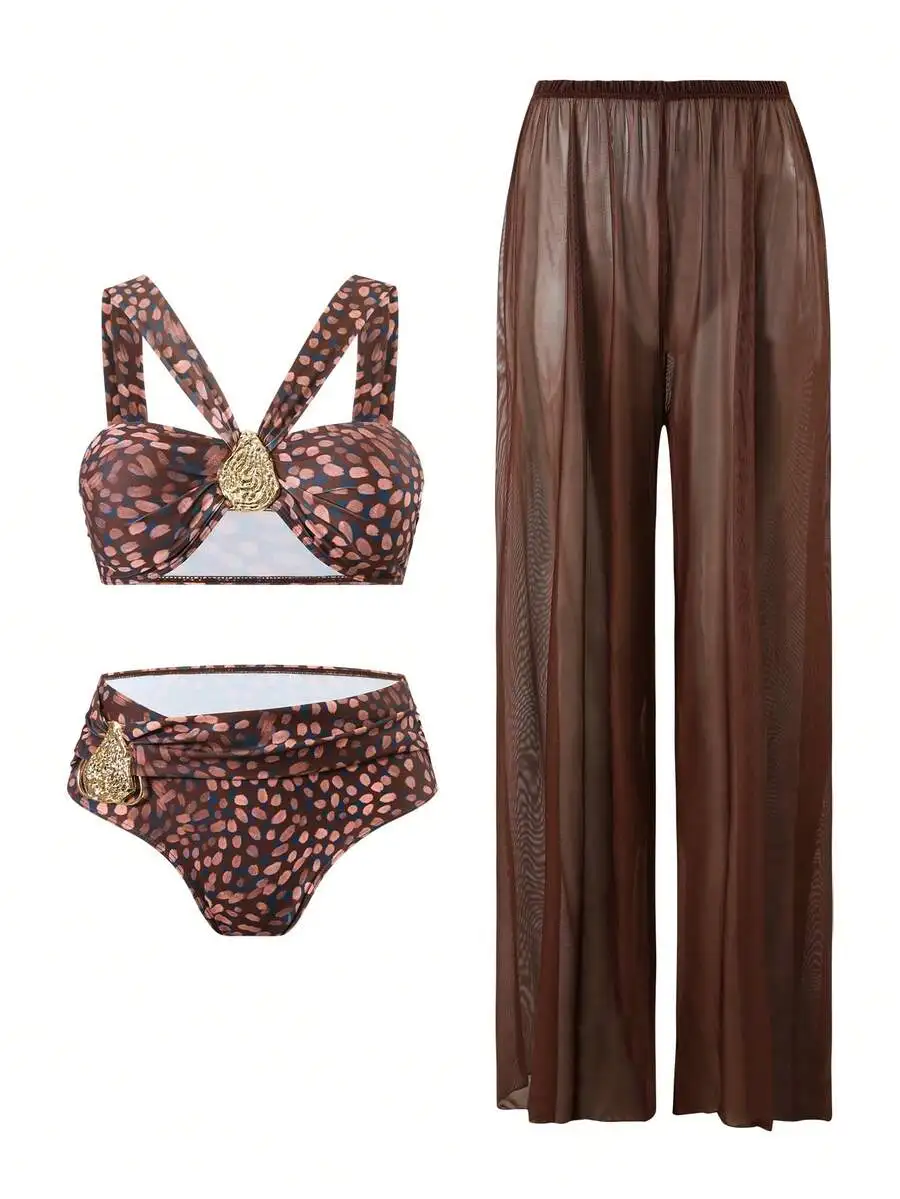 

Elegant Polka Dot High-End Swimsuit With Sheer Cover Up Pants