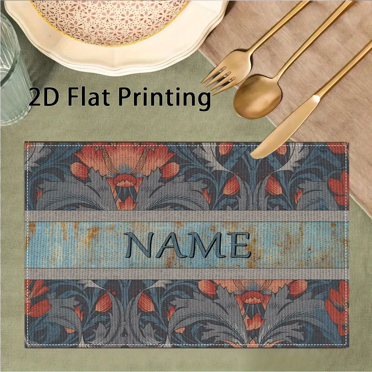 1pcs of Exquisite Retro Custom Name Placemats, Floral Pattern,Holiday Family Party Dinner Personalized Custom Placemats