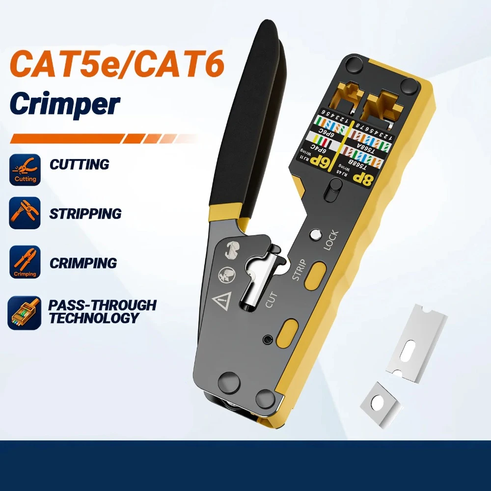 Multifunction RJ45 Pass Through Crimping Tool,3-in-1 Ethernet Cable Crimper Stripper Cutter For Cat6 Cat5e/5 8P6P Modular Plug