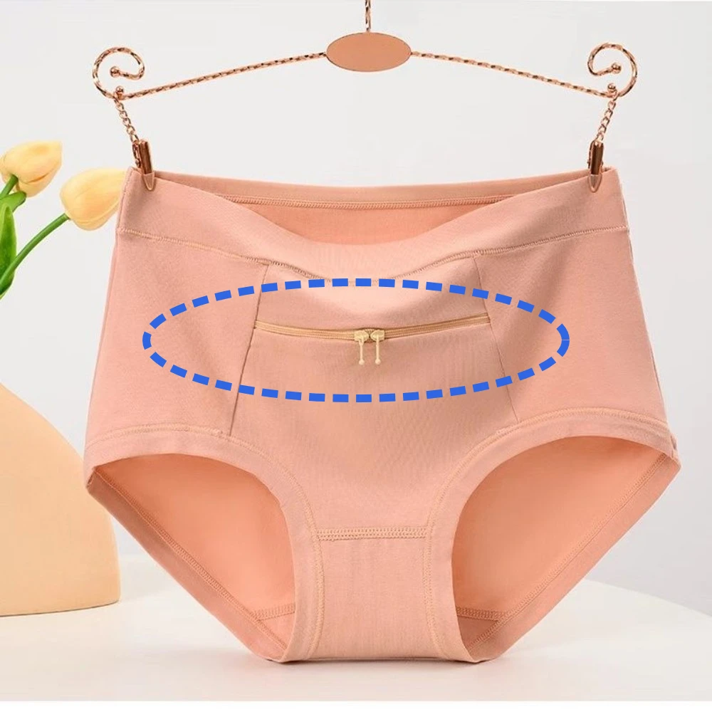 Panties with Pockets Zipper Anti-theft Hide Money Cotton Women's Pocket Underwear Female Travel Briefs Hold Warmer Pads Pants