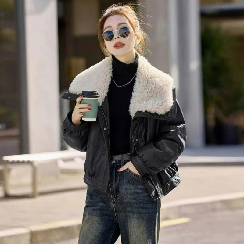 

PU Leather Down Cotton-padded Jacket for Women Sheepskin Collar Leather New Winter 2026 Cotton-padded Warm Style Overcome Coat