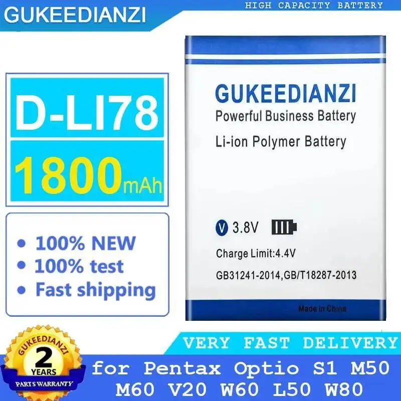 

Camera Battery For Pentax Optio S1 M50 M60 V20 W60 L50 W80 D-LI78 Long Lasting 1800Mah