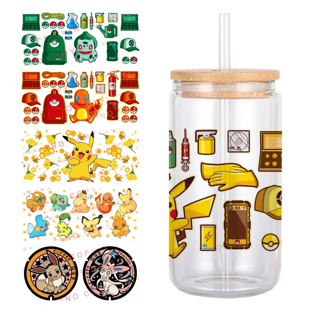 Japanese Cartoon Pokemon Pikachu Pattern UV DTF Transfer Sticker Waterproof Transfers Decals For 16oz Glass Cup Wrap Stickers