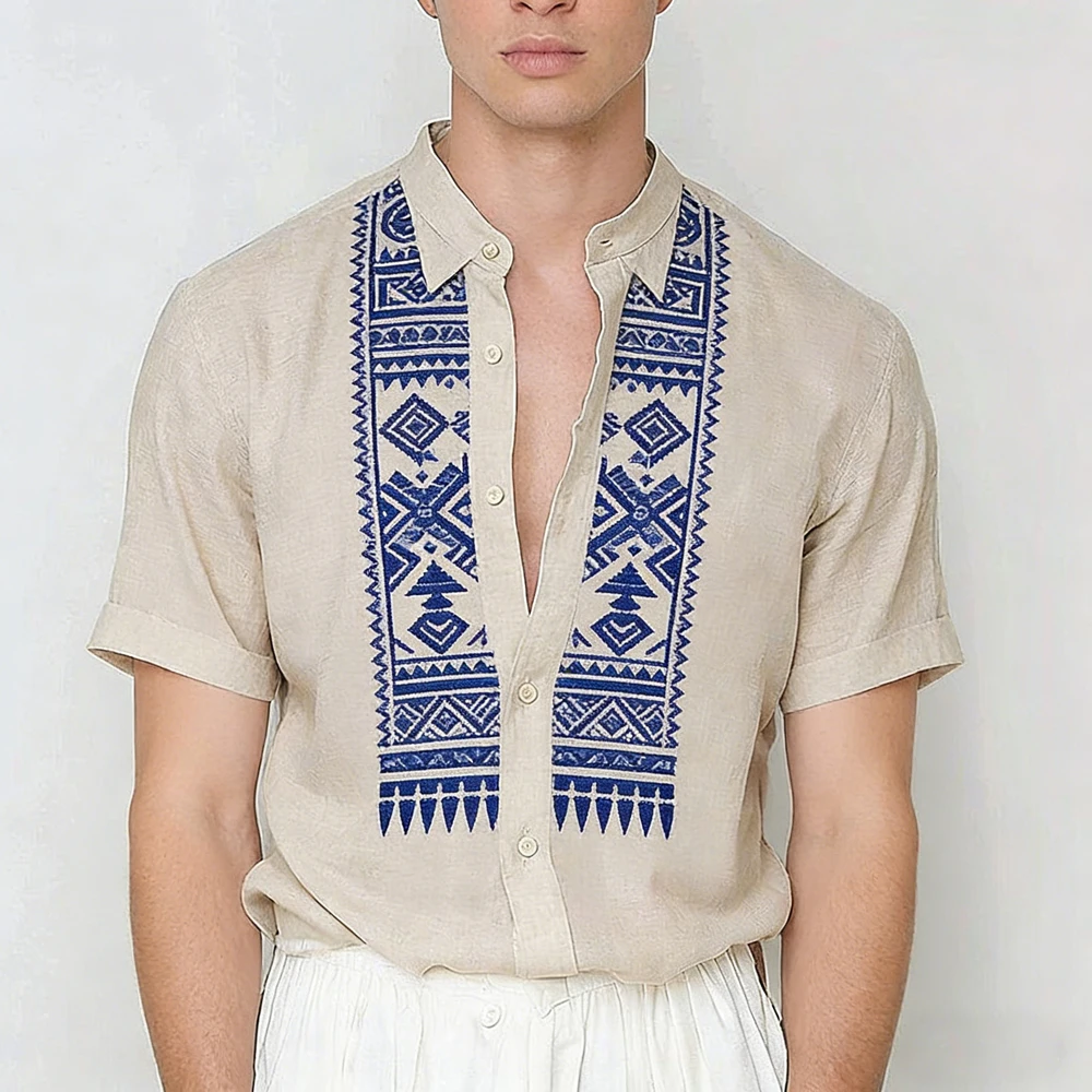 

Men's Khaki Light Ethnic Style Simple 3D Printed Shirt Hawaiian Tropical Short-sleeved Linen Breathable Outdoor Clothes for Men